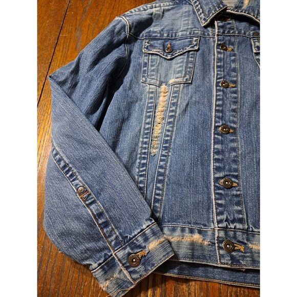 Medium Vintage Carbon Distressed Long Sleeve Button Front Denim Blue Jean Jacket - Picture 5 of 8